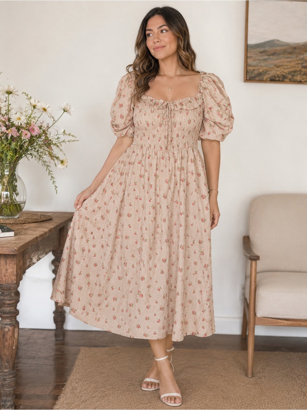 R. Vivimos Floral Smocked Puff Sleeve Cottagecore Midi Dress XL 16/18